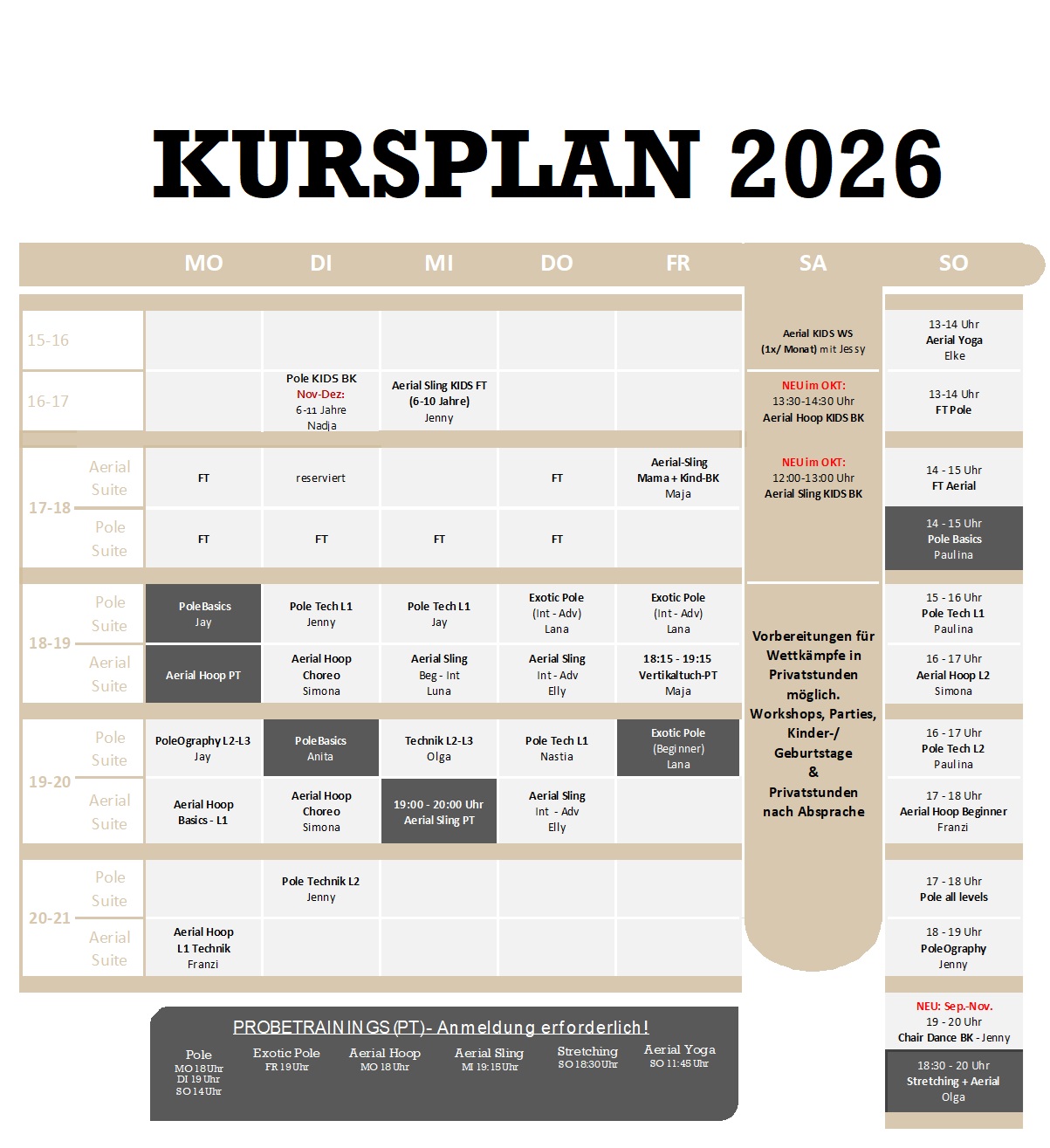 Kursplan mit einer Übersicht der angebotenen Kurse, Wochentage und Kurszeiten.